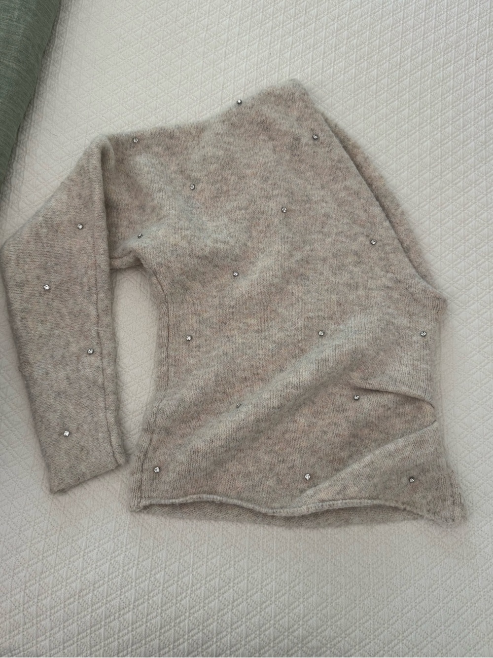 Astr Off-the-Shoulder Beige Beaded Knit Sweater